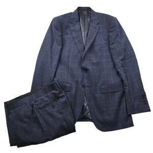 Hawes & Curtis Suit Mens 38R 2 Piece Pants 34x28 Blue Windowpane Wool Slim 120s